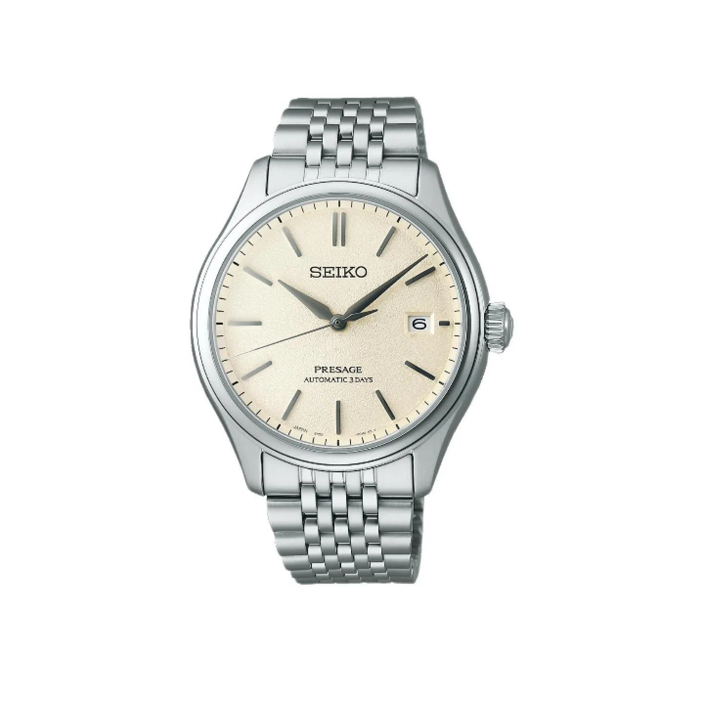 Reloj mecánico Seiko Presage Automatic 3 Days con esfera texturizada de color marfil, ventana de fecha a las 3 y brazalete de acero de grano de arroz.