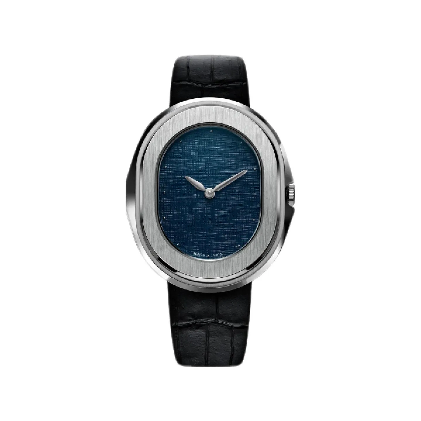 Reloj de vestir Serica con caja elíptica de acero satinado, esfera azul texturizada estilo lino sin índices y correa de piel negra.