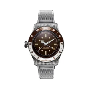 Reloj de buceo Serica 5303 GMT Chronomètre con esfera marrón, bisel cerámico bicolor para zonas horarias Ante Meridiem y Post Meridiem, y correa de malla milanesa.