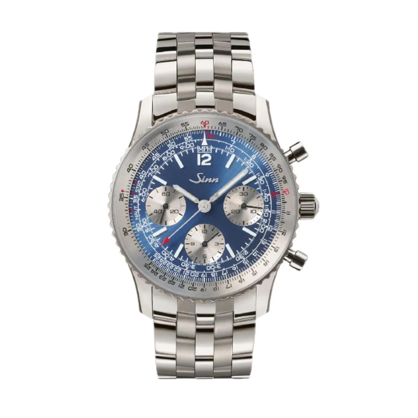 Reloj cronógrafo de aviador Sinn 903 con regla de cálculo, esfera azul sol con subesferas plateadas y brazalete de acero de cinco eslabones.