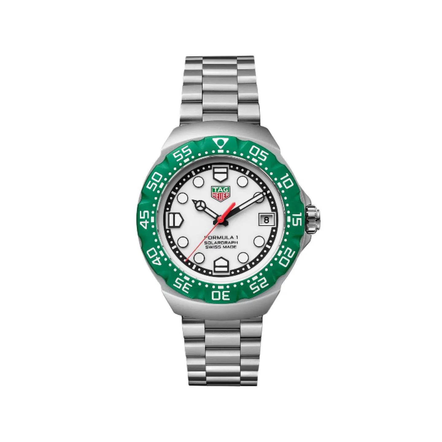 Reloj TAG Heuer Formula 1 Solargraph con esfera blanca, bisel giratorio de aluminio verde vibrante, aguja de segundos roja y brazalete de acero.