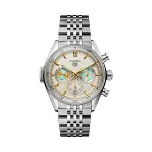 Reloj cronógrafo TAG Heuer Carrera Seafarer con esfera opalina plateada, subesferas de mareas en tonos turquesa y oro, índices aplicados dorados y brazalete de acero.