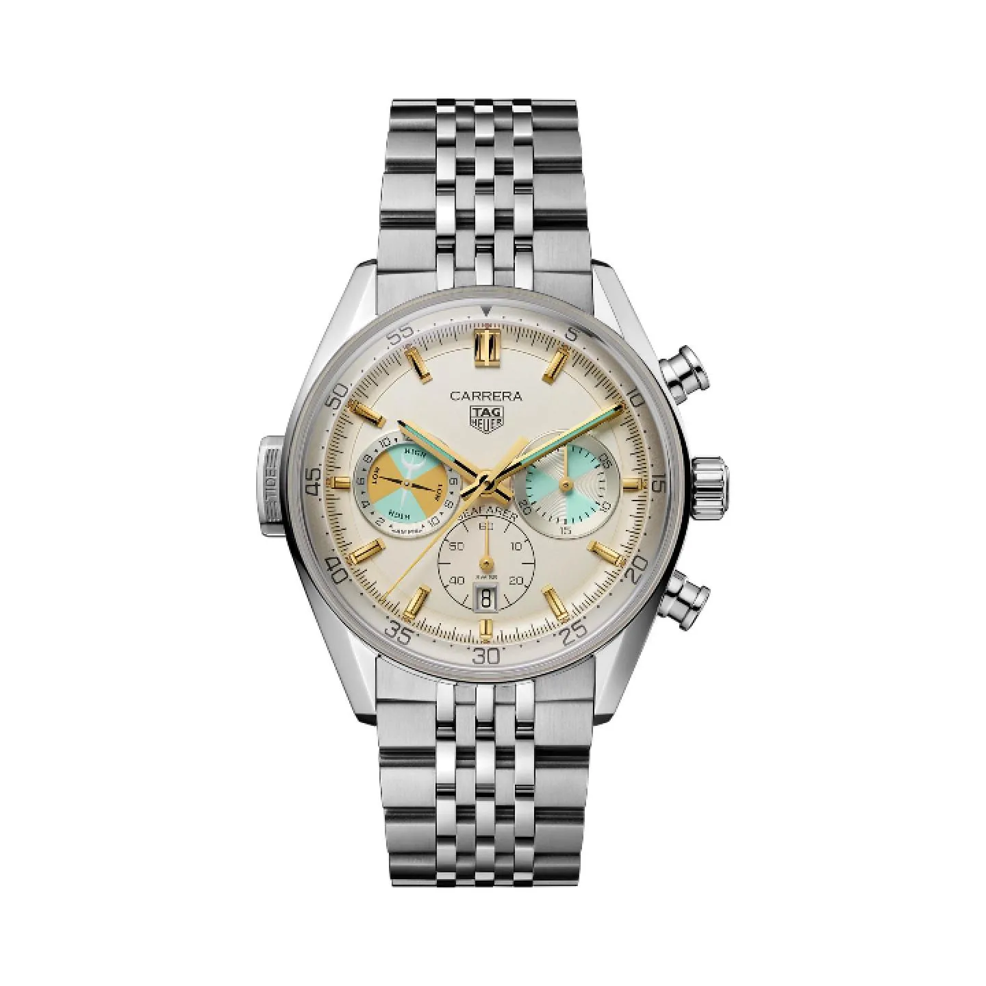 Reloj cronógrafo TAG Heuer Carrera Seafarer con esfera opalina plateada, subesferas de mareas en tonos turquesa y oro, índices aplicados dorados y brazalete de acero.