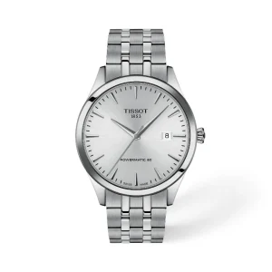 Reloj automático Tissot Carson Premium Powermatic 80 en acero inoxidable con esfera plateada con acabado sol, índices delgados y ventana de fecha a las 3.