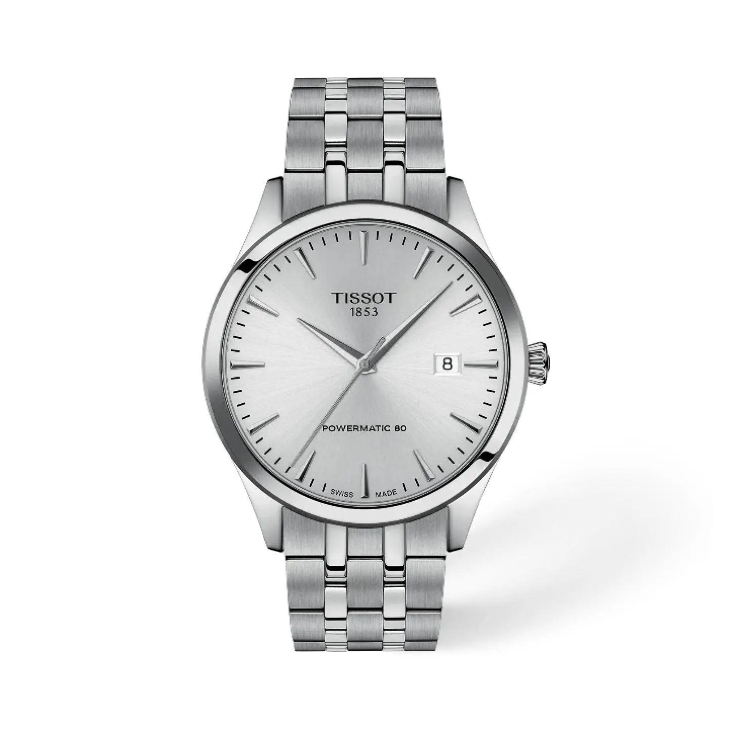 Reloj automático Tissot Carson Premium Powermatic 80 en acero inoxidable con esfera plateada con acabado sol, índices delgados y ventana de fecha a las 3.