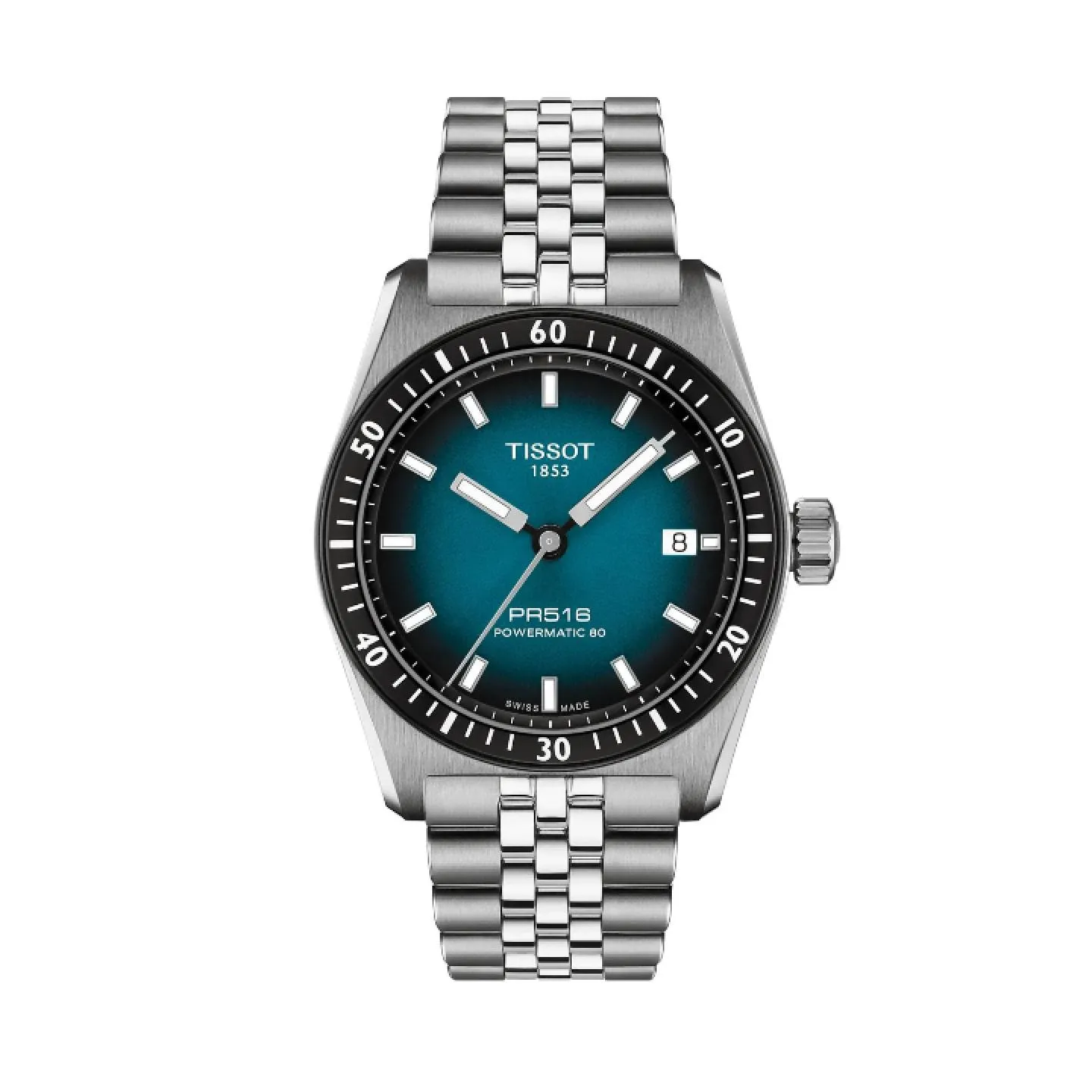 Reloj deportivo Tissot PR516 Powermatic 80 con esfera degradada azul turquesa, bisel de buceo negro con escala de minutos y brazalete de acero.