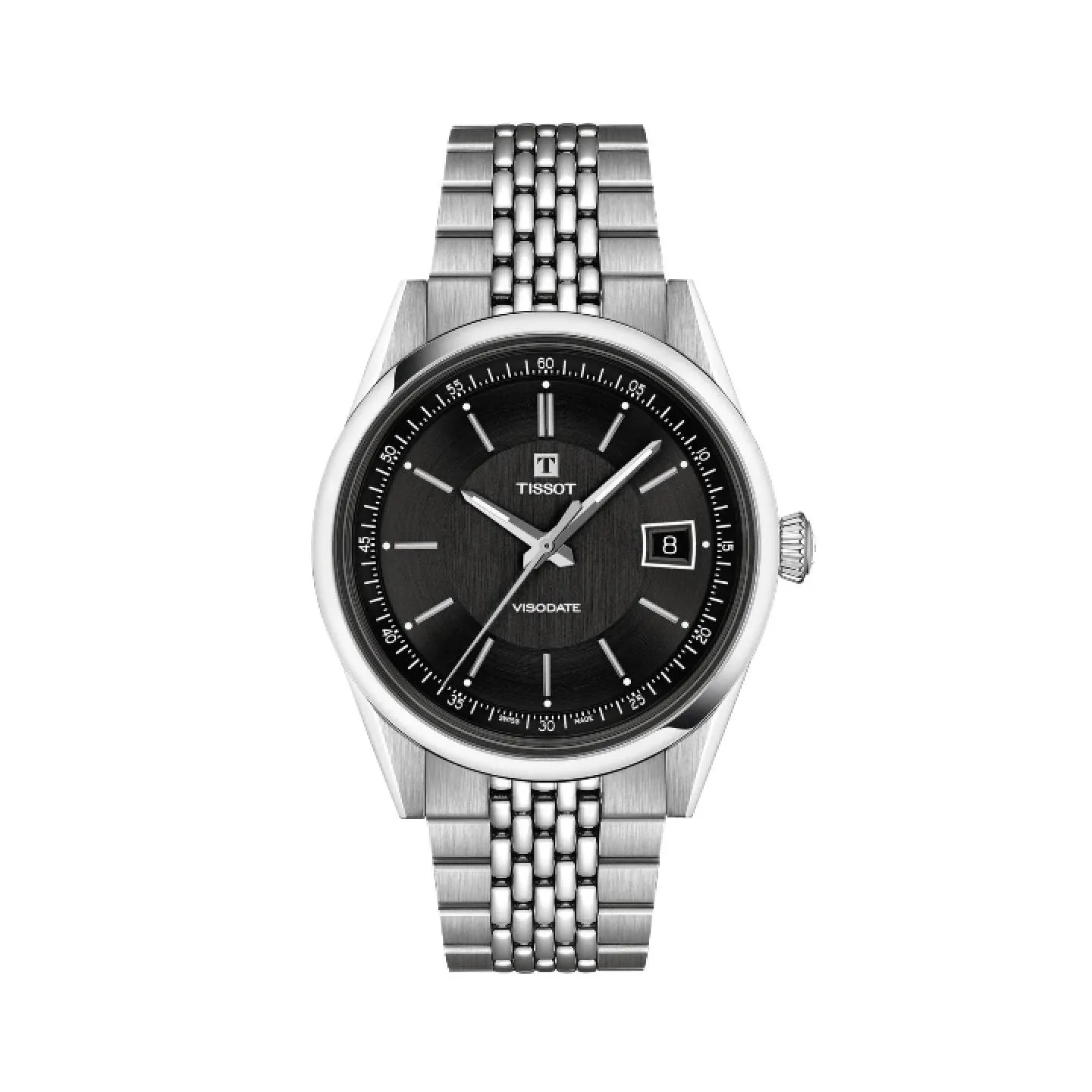 Reloj clásico Tissot Heritage Visodate automático con esfera negra de textura cepillada vertical, ventana de fecha a las 3 y brazalete de acero de malla milanesa fina.