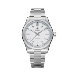 Reloj deportivo Traska Commuter con esfera blanca minimalista, índices pulidos aplicados, caja y brazalete de acero con tratamiento endurecido antirrayas.