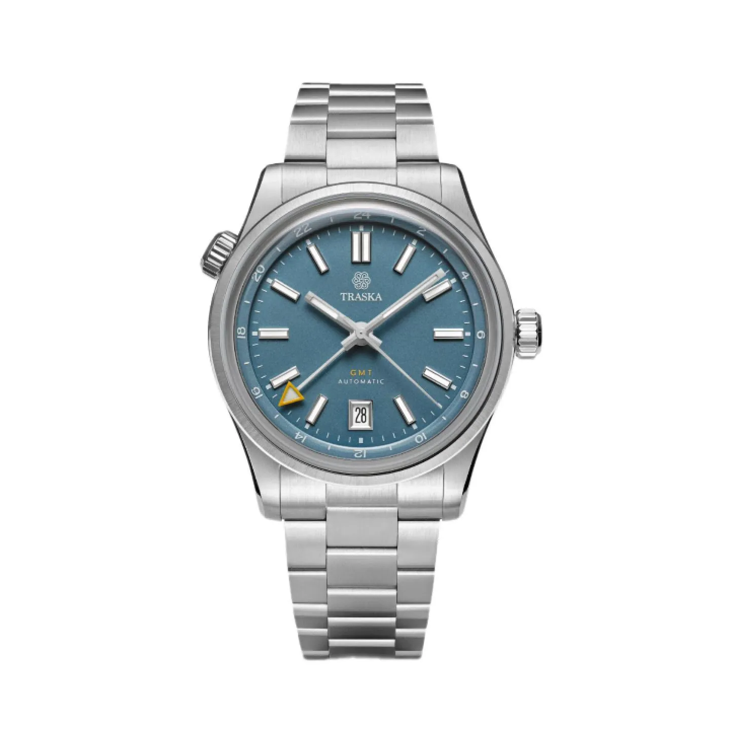 Reloj de viaje Traska Venturer GMT con esfera azul acero, bisel interno de 24 horas, aguja GMT con punta triangular amarilla y ventana de fecha a las 6.