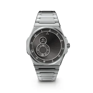 Reloj conceptual Trilobe Nuit Fantastique con caja de acero, brazalete integrado y esfera gris antracita que indica el tiempo mediante anillos giratorios descentrados.