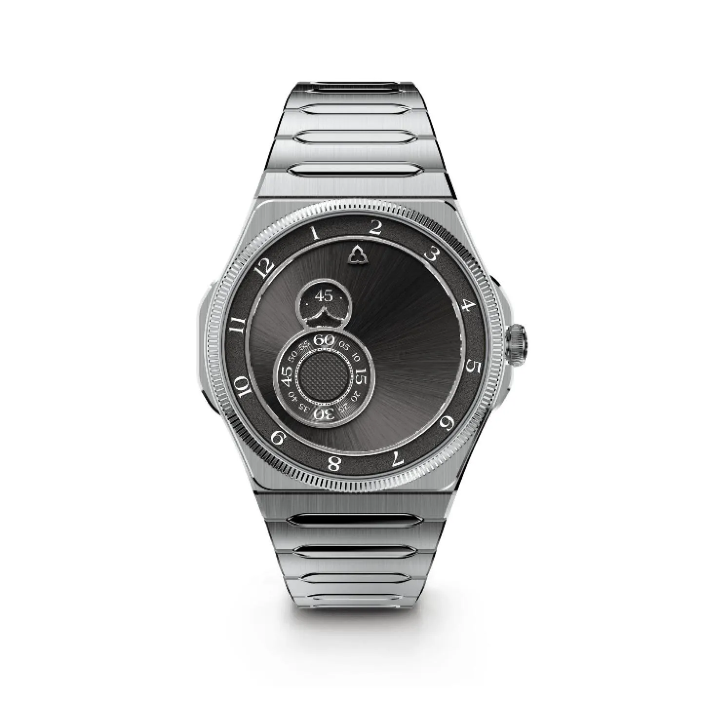 Reloj conceptual Trilobe Nuit Fantastique con caja de acero, brazalete integrado y esfera gris antracita que indica el tiempo mediante anillos giratorios descentrados.