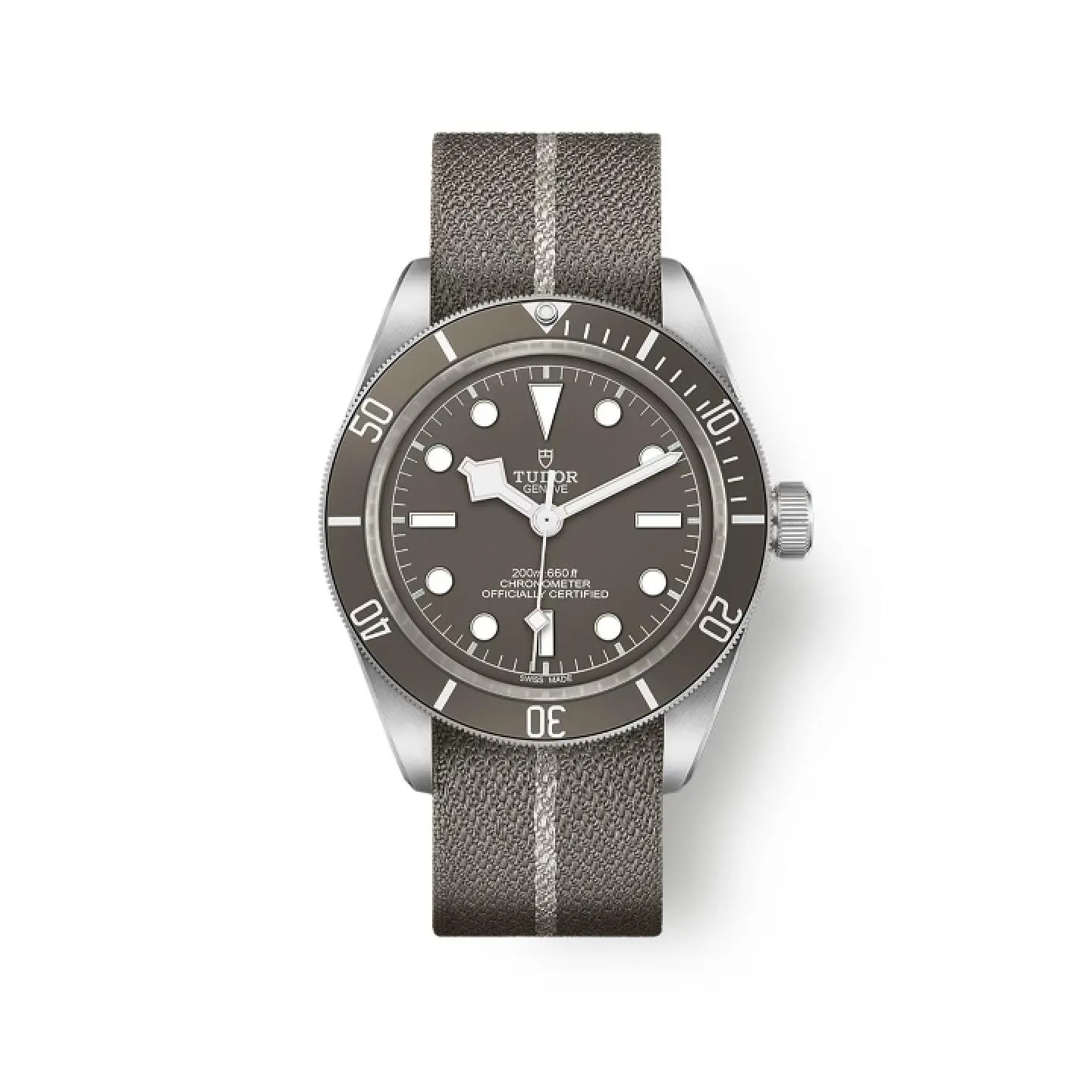 Reloj de buceo Tudor Black Bay 58 925 con caja de plata de ley, esfera y bisel de color gris topo, y correa de tejido jacquard gris con franja central plateada.