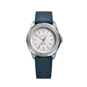 Reloj monomanecilla Vasco Solitaire Automatique con esfera blanca de 24 horas, aguja única roja y correa de caucho azul perforada estilo tropic.
