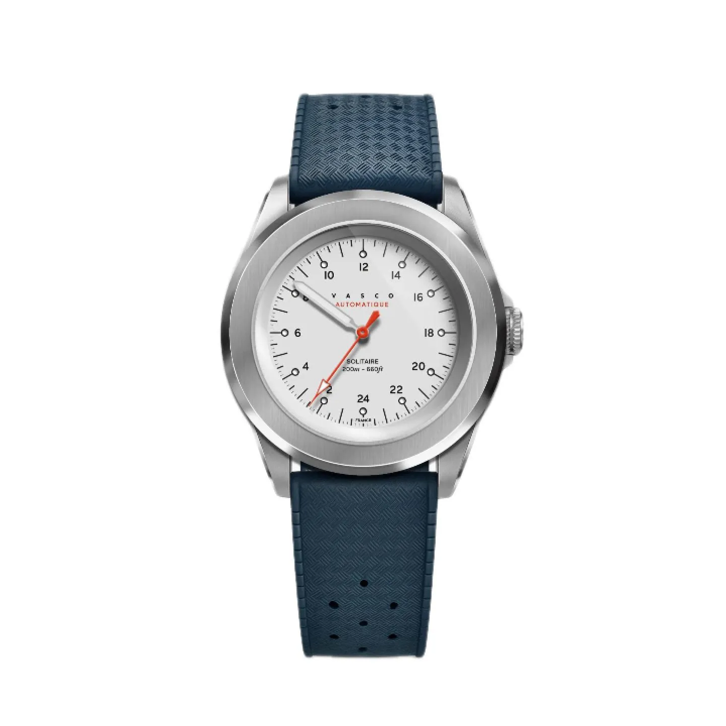Reloj monomanecilla Vasco Solitaire Automatique con esfera blanca de 24 horas, aguja única roja y correa de caucho azul perforada estilo tropic.