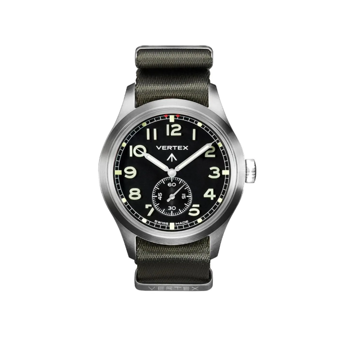 Reloj militar Vertex M100 con esfera negra, números arábigos moldeados en Super-LumiNova, segundero pequeño a las 6 y correa de nailon verde oliva tipo NATO.